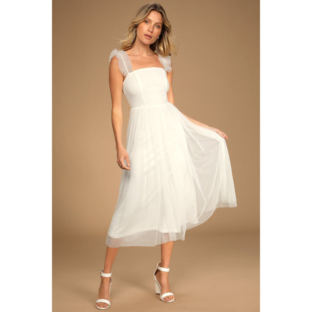 NWT! Lulus Divine Invitation White Tulle Swiss Dot Ruffled Midi Dress - Size M